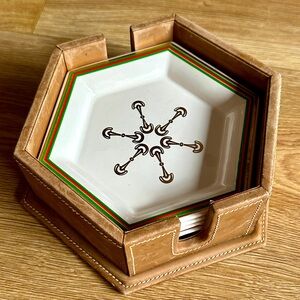 RARE Vintage 1970s Gucci Horsebit Porcelain Hexagon 4 Plate Set in Leather Case